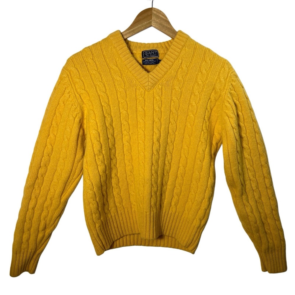 Vintage GANT Rugger Yellow Cable Knit Wool Sweater V Neck Mens L Made In HK